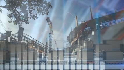 Animation of statistics processing over cardboard boxes on conveyor belt and construction site - Powered by Adobe