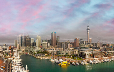 Auckland, New Zealand. Sunset aerial panorama of city skyline