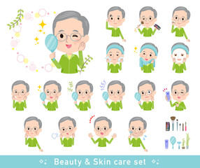 美容に関する緑ジャージ高齢男性のセット