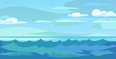Fototapeta na wymiar Seascape. Skyline of the blue sea. Illustration in cartoon style. Cloudy windy weather and waves. Vector.