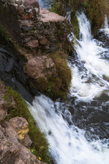 a waterfall in the river with several water jets, in between there are stones and a long grass