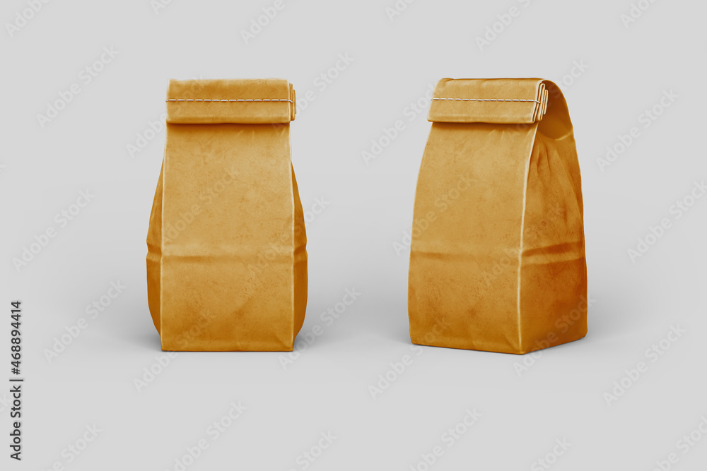 Poster brown craft paper bag packaging template with stitch sewing isolated on background. with clipping pa