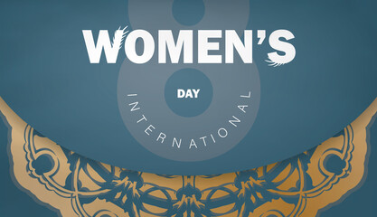 Brochure international womens day in blue with luxury gold pattern