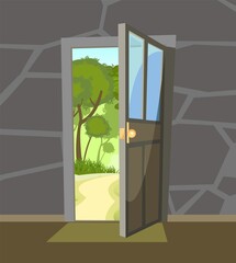 Opened door. View from inside from room of house to summer tree landscape with road. Stone wall. Way is open. Cartoon cute design. Image background. Vector