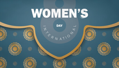Brochure template international womens day blue color with abstract gold pattern