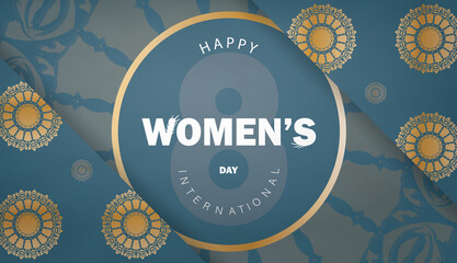 Brochure template international womens day blue color with vintage gold pattern