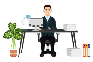 Businessman freelancer sitting on cute beautiful modern desk with office shape table  and chair table lamp pc computer with some paper pile file folders house plants with cheerful expression