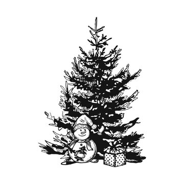 recommend clip art: snowman vector sketch. christmas tree vector. gifts under christmas tree. Christmas tree drawing hand. vector illustration. eps