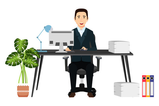 Businessman freelancer sitting on cute beautiful modern desk with office shape table  and chair table lamp pc computer with some paper pile file folders house plants with cheerful expression