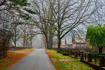 Late autumn in the village. Foggy cloudy day.
