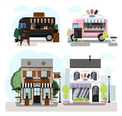 A set of vector food trucks, restaurants and cafes. Cartoon coffee house and ice-cream cafe icons. Flat design of facades. Cliparts. Facade of an ice cream parlor with a summer outdoor terrace