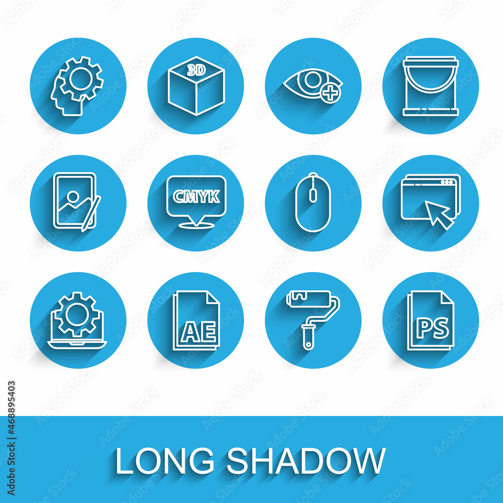 Poster set line laptop and gear, ae file document, human head with inside, paint roller brush, ps file, spe