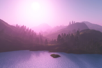 Paysage d& 39 arbres 3D et montagnes contre un ciel coucher de soleil