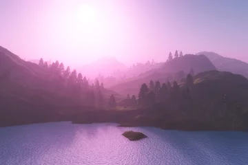 Fotobehang Licht violet 3D-boomlandschap en bergen tegen een zonsonderganghemel