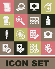 Set Medicine pill or tablet, Nurse hat with cross, Bottle of medicine syrup, Map pointer hospital, Magnifying glass for search medical, bottle, Measuring cup and Pills blister pack icon. Vector