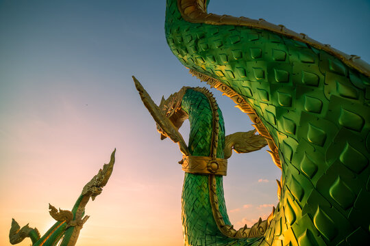 Phaya Naga on sky background. Naga statue at Nong Khai.