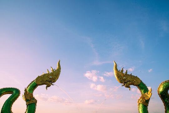 Phaya Naga on sky background. Naga statue at Nong Khai.