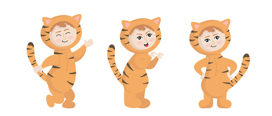 Vector illustration isolated on white background   child in animal carnival costume. Cute cartoon baby in a tiger costume in different poses.