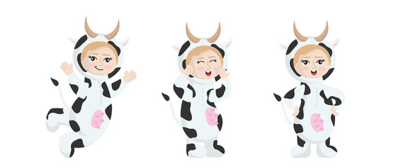Vector illustration isolated on white background  child in animal carnival costume. Cute cartoon baby in a cow costume in different poses