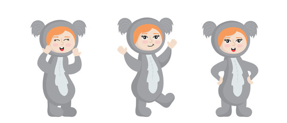 Vector illustration isolated on white background  child in animal carnival costume. Cute cartoon baby in a koala costume in different poses.