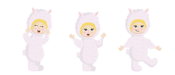 Vector illustrationisolated on white background   child in animal carnival costume. Cute cartoon baby in a lama costume in different poses.