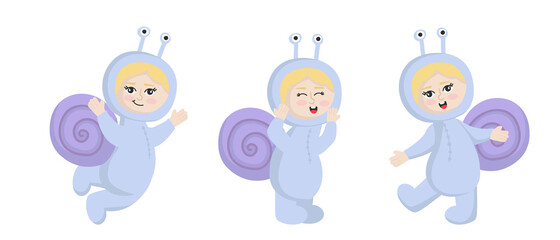 Vector illustration isolated on white background  child in animal carnival costume. Cute cartoon baby in a snail costume in different poses.