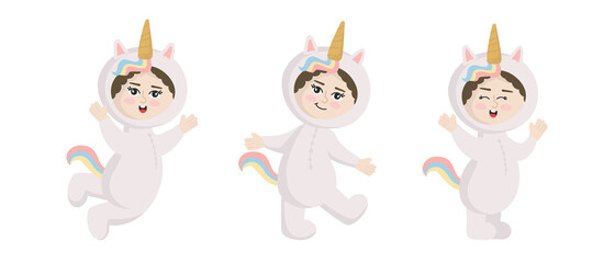 Vector illustration isolated on white background  child in animal carnival costume. Cute cartoon baby in a unicorn costume in different poses.
