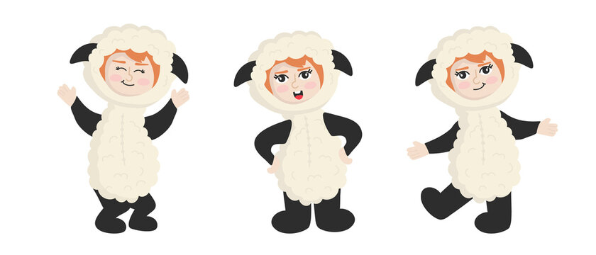 Vector illustration isolated on white background  child in animal carnival costume. Cute cartoon baby in a sheep costume in different poses.