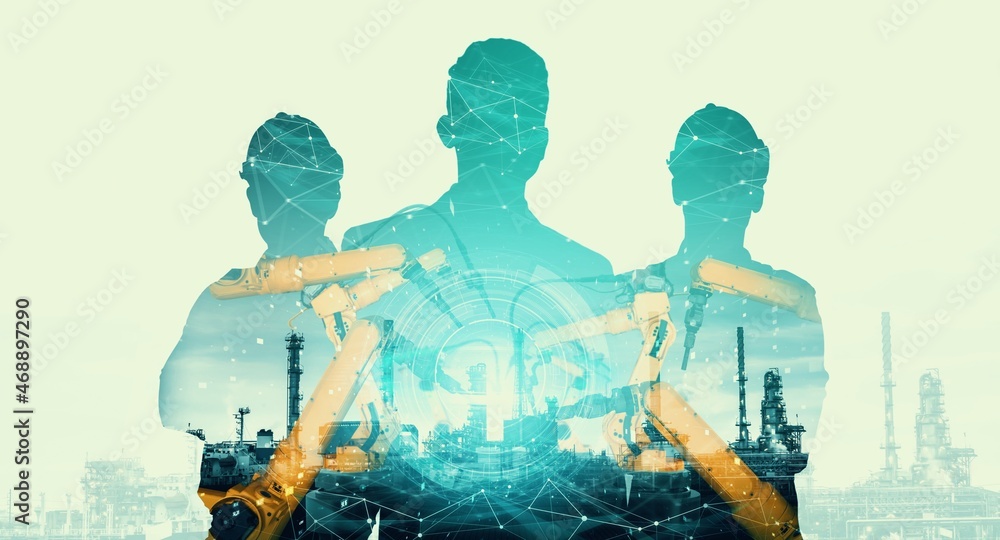 Poster mechanized industry robot arm and factory worker double exposure . concept of robotics technology fo