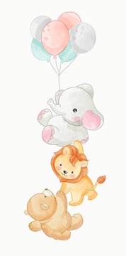 cute wild animals friends hanging on balloons cartoon illustration