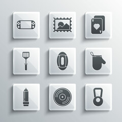 Set Vinyl disk, Kettlebell, Oven glove, American Football ball, Pencil with eraser, Spatula, Portable video game console and Playing cards icon. Vector