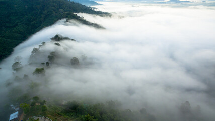 aerial view mist above the mountain in tropical rainforest and .beautiful sunrise scenery view in Phang Nga valley.