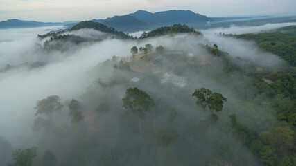 aerial view mist above the mountain in tropical rainforest and .beautiful sunrise scenery view in Phang Nga valley.