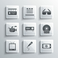 Set Microphone, Online play video, CD or DVD disk, Movie, film, media projector, Retro tv, Cinema camera, clapper and 3D cinema glasses icon. Vector
