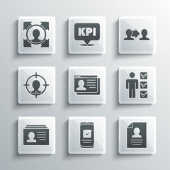 Set Smartphone, Resume, User of man in business suit, Head hunting, and Project team base icon. Vector