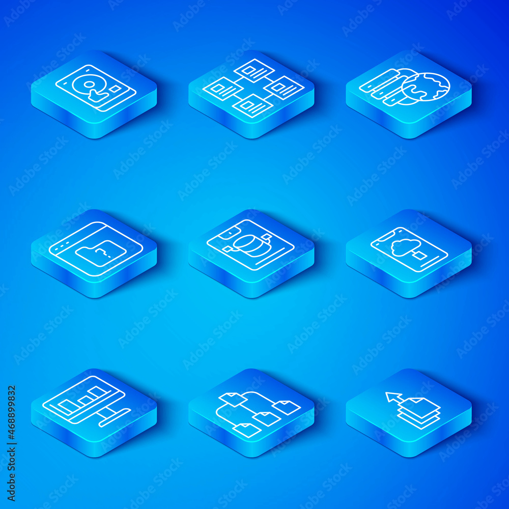 Poster set line monitor with graph chart, server, data, web hosting, folder tree, cloud technology data tra