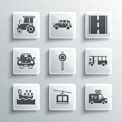 Set Cable car, TV News, Bus, Road traffic signpost, Cargo ship with boxes, Tractor and icon. Vector