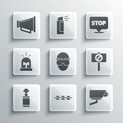 Set Barbed wire, Security camera, Protest, Special forces soldier, Hand grenade, Flasher siren, Megaphone and icon. Vector