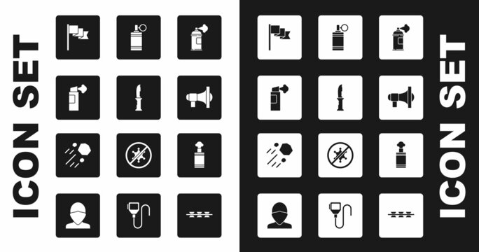 Set Paint spray can, Military knife, Pepper, Location marker, Megaphone, Hand grenade, and Flying stone icon. Vector