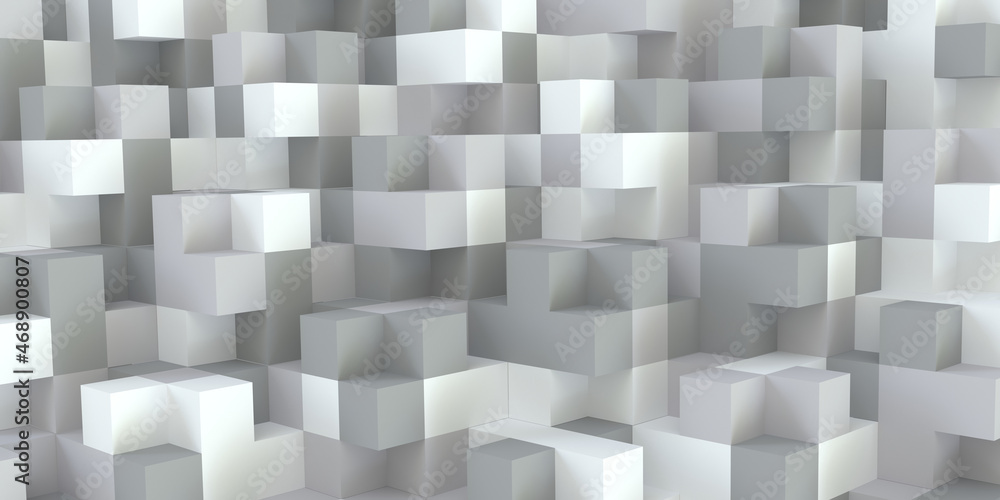 Poster horizontal composition of white cubes of different sizes as background and texture.. 3d rendering