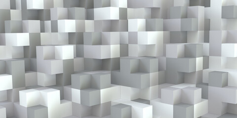 Horizontal composition of white cubes of different sizes as background and texture.. 3D rendering