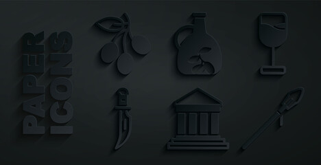 Set Parthenon, Wine glass, Dagger, Medieval spear, Bottle of olive oil and Olives branch icon. Vector