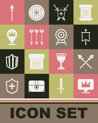 Set Location king crown, Crossed medieval spears, Medieval flag, shield with swords, arrows, and Target icon. Vector