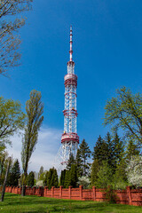 TV tower in the city of Kiev. Radio signal transmission. Public television. Wireless internet. Modern technologies. Industrial construction. The media. City life.