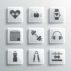 Set Sport expander, Bench with barbel, Headphones, Dumbbell, Fitness shaker, Calendar fitness, Heart rate and Smart watch icon. Vector