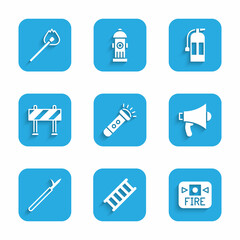 Set Flashlight, Fire escape, alarm system, Megaphone, Metal pike pole, Road barrier, extinguisher and Burning match with fire icon. Vector