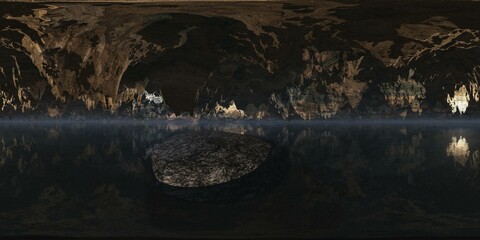 Dungeon, cave, underground lake. HDRI, environment map , Round panorama, spherical panorama, equidistant projection, panorama 360, 3d rendering - obrazy, fototapety, plakaty