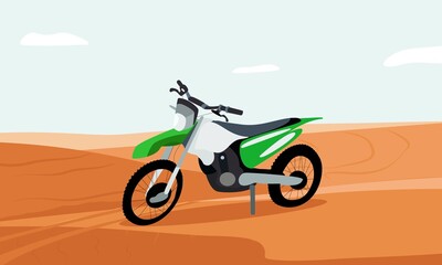 A cross-country motorcycle stands on the sand in the desert. Vector illustration