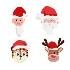 Heads of Santa Claus, tiger, deer, gnome in New Year's hats. Vector illustration