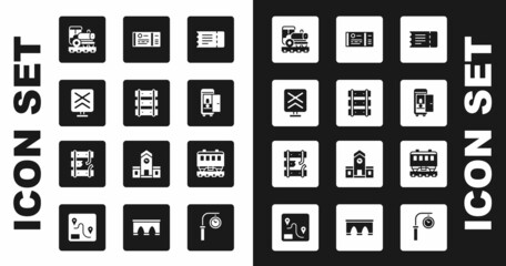 Set Train ticket, Railway, railroad track, Railroad crossing, Vintage locomotive, Toilet the train car, Passenger cars and Broken rails on railway icon. Vector